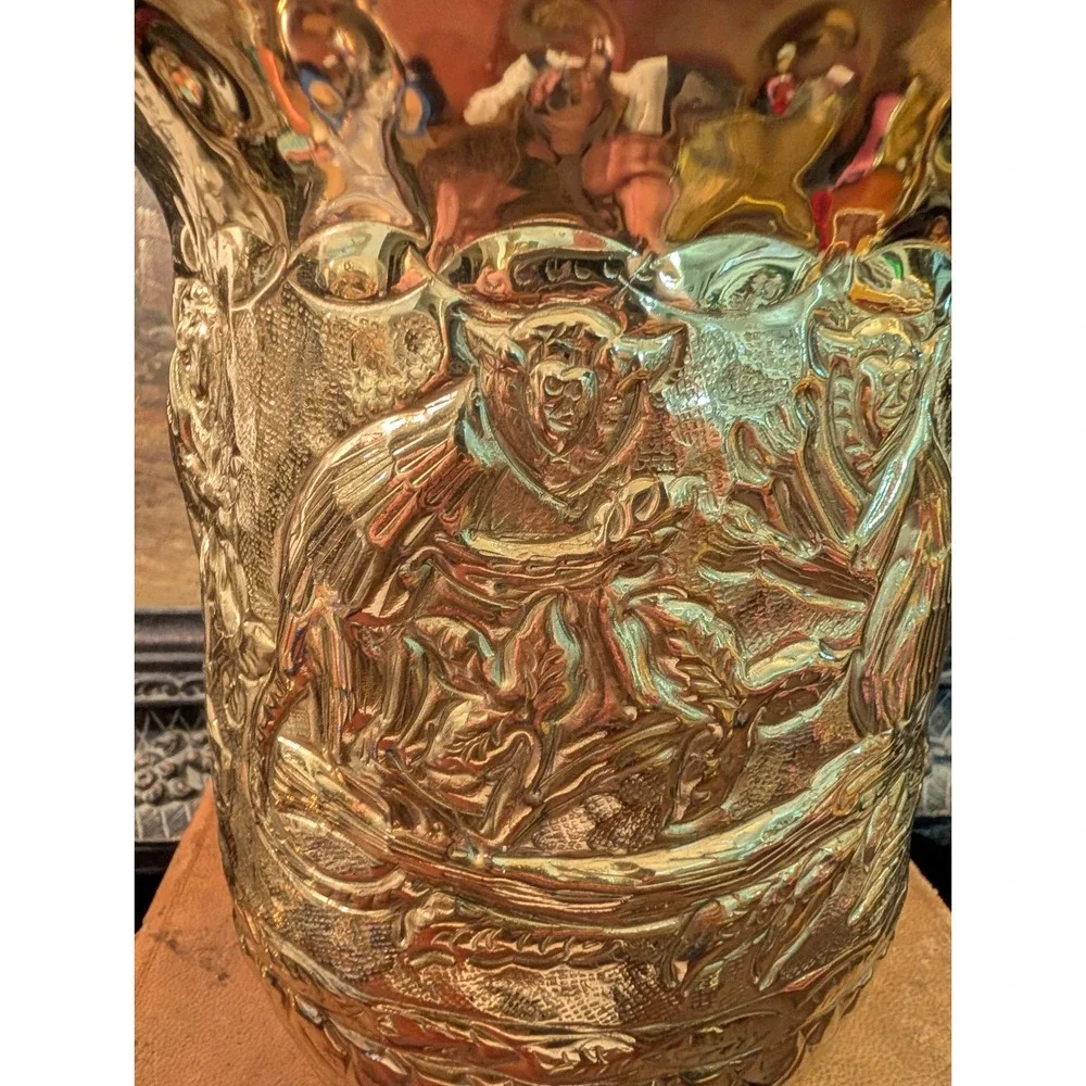 Vintage Embossed Brass Planter Tavern Scene Made in India 9x7.5 Twisted Rope Rim